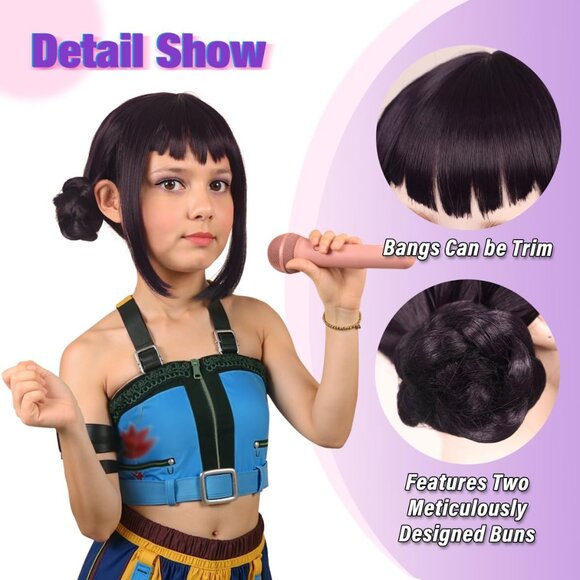 Amazon.com: morvally Short Black Purple Wig with 2 Buns  Short Black Purple Cosplay Wig with 2 Buns for Halloween KIDS SIZE